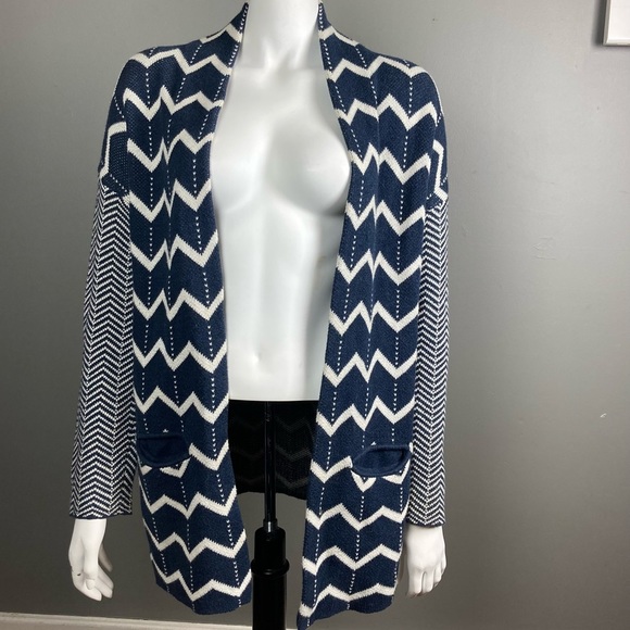 Margaret O'Leary Cardigan Chevron Stripes Blue & Winter White extra small Cotton - Picture 1 of 11